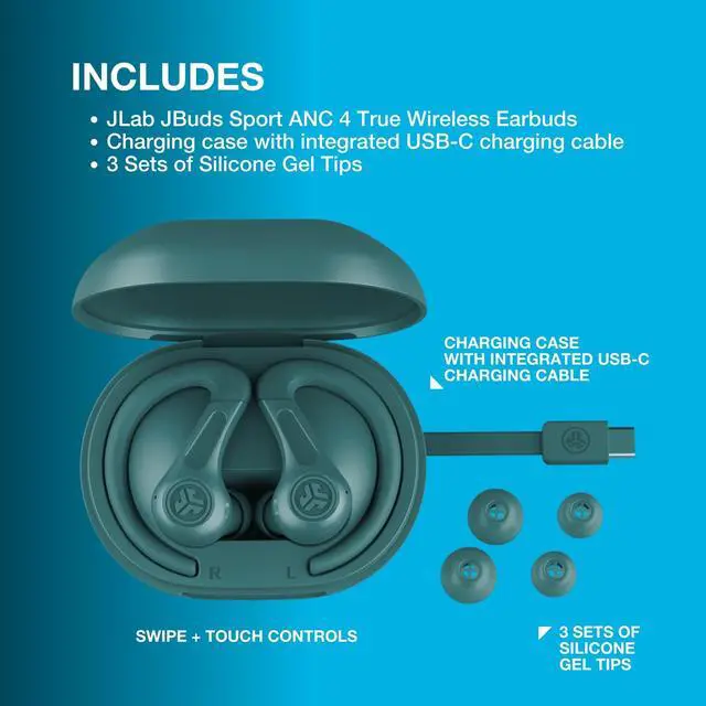 Alt view image 7 of 7 - JBuds Sport ANC 4, True Wireless Earbuds, Active Noise Cancelling, Bluetooth, Multipoint Connect, Teal