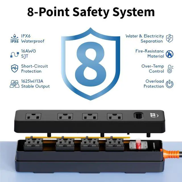 Alt view image 2 of 7 - Outdoor Power Strip Weatherproof, 6FT Extension Cord with 4 Outlets | 1625W/13A, IPX6 Waterproof, Electric Shockproof & Overload Protection, Wall Mountable for Kitchen, Workshop, Patio, Porch