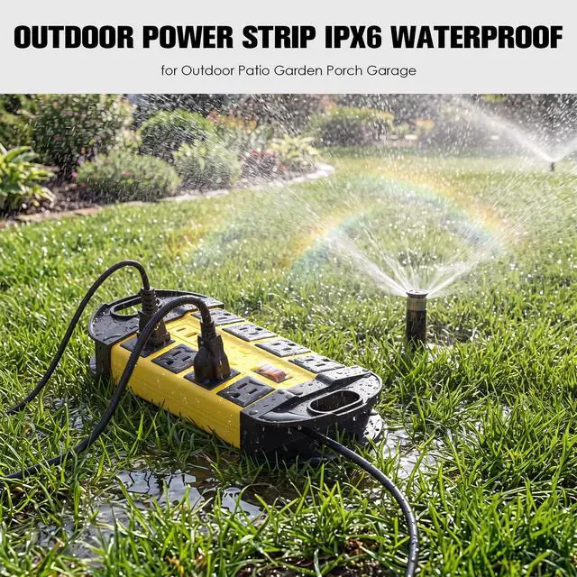 Alt view image 3 of 7 - Outdoor Weatherproof 8 Outlet Power Strip, IPX6, Yellow, 6FT | Outdoor Power Strip, IPX6 Waterproof Surge Protector, 2 USB-A 1 USB-C Ports, for Outdoor Patio Garden Porch Garage