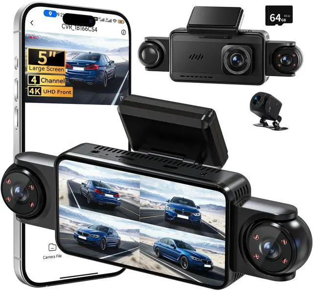 Main image of 360°View 4 Channel Dash Cam, 5'' IPS Large Screen Dash Camera for Cars, 4K+1080P Front and Rear Inside Left Right, Built-in IR Night Vision, 24H Parking Mode, 64GB SD Card, Wireless APP Transmission