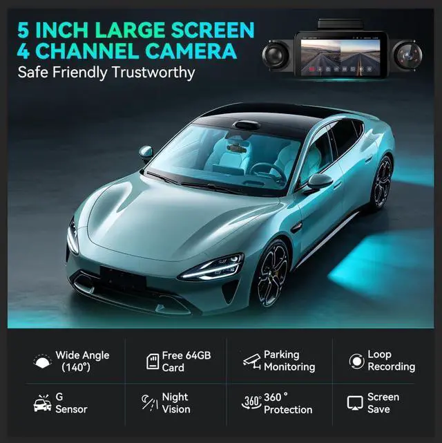 Alt view image 2 of 7 - 360°View 4 Channel Dash Cam, 5'' IPS Large Screen Dash Camera for Cars, 4K+1080P Front and Rear Inside Left Right, Built-in IR Night Vision, 24H Parking Mode, 64GB SD Card, Wireless APP Transmission