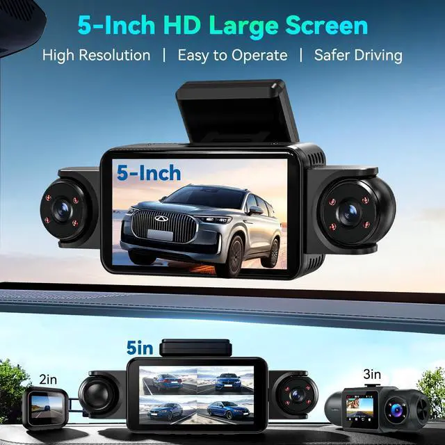 Alt view image 3 of 7 - 360°View 4 Channel Dash Cam, 5'' IPS Large Screen Dash Camera for Cars, 4K+1080P Front and Rear Inside Left Right, Built-in IR Night Vision, 24H Parking Mode, 64GB SD Card, Wireless APP Transmission