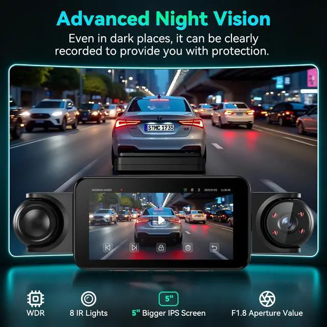 Alt view image 5 of 7 - 360°View 4 Channel Dash Cam, 5'' IPS Large Screen Dash Camera for Cars, 4K+1080P Front and Rear Inside Left Right, Built-in IR Night Vision, 24H Parking Mode, 64GB SD Card, Wireless APP Transmission