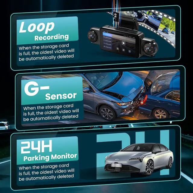Alt view image 6 of 7 - 360°View 4 Channel Dash Cam, 5'' IPS Large Screen Dash Camera for Cars, 4K+1080P Front and Rear Inside Left Right, Built-in IR Night Vision, 24H Parking Mode, 64GB SD Card, Wireless APP Transmission