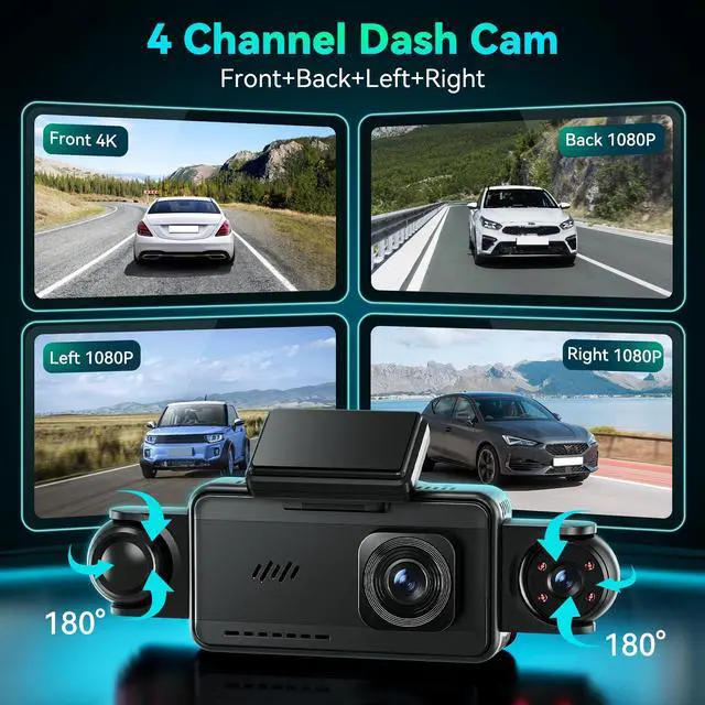 Alt view image 4 of 7 - 360°View 4 Channel Dash Cam, 5'' IPS Large Screen Dash Camera for Cars, 4K+1080P Front and Rear Inside Left Right, Built-in IR Night Vision, 24H Parking Mode, 64GB SD Card, Wireless APP Transmission