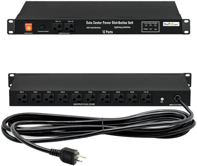 Main image of 1U Horizontal PDU 19" Rack Mount Power Strip | Surge Protector for Network Servers, 12 NEMA 5-15R Outlet, 120V 20A, 3600 Joules, Heavy-Duty 16 ft Cord
