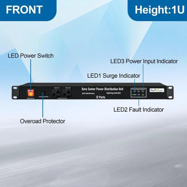Alt view image 2 of 7 - 1U Horizontal PDU 19" Rack Mount Power Strip | Surge Protector for Network Servers, 12 NEMA 5-15R Outlet, 120V 20A, 3600 Joules, Heavy-Duty 16 ft Cord