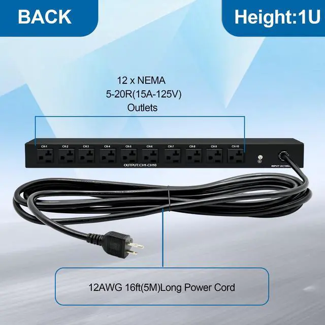 Alt view image 3 of 7 - 1U Horizontal PDU 19" Rack Mount Power Strip | Surge Protector for Network Servers, 12 NEMA 5-15R Outlet, 120V 20A, 3600 Joules, Heavy-Duty 16 ft Cord