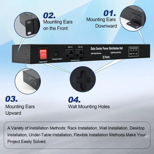 Alt view image 4 of 7 - 1U Horizontal PDU 19" Rack Mount Power Strip | Surge Protector for Network Servers, 12 NEMA 5-15R Outlet, 120V 20A, 3600 Joules, Heavy-Duty 16 ft Cord