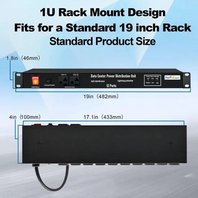 Alt view image 5 of 7 - 1U Horizontal PDU 19" Rack Mount Power Strip | Surge Protector for Network Servers, 12 NEMA 5-15R Outlet, 120V 20A, 3600 Joules, Heavy-Duty 16 ft Cord