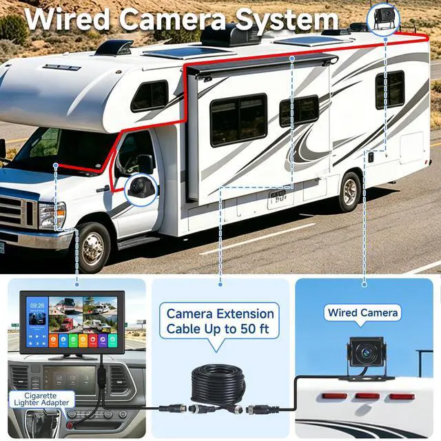 Alt view image 2 of 7 - 10.1 Inch 4K Touch Screen Wired RV Backup Camera System | 1080P IP69 Waterproof Camera, 4CH DVR Loop Recording & Bluetooth. For Semi Truck, Trailer, Camper, Pickup, Bus, RV