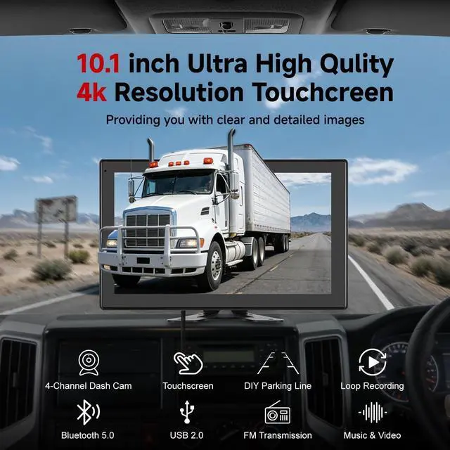 Alt view image 3 of 7 - 10.1 Inch 4K Touch Screen Wired RV Backup Camera System | 1080P IP69 Waterproof Camera, 4CH DVR Loop Recording & Bluetooth. For Semi Truck, Trailer, Camper, Pickup, Bus, RV