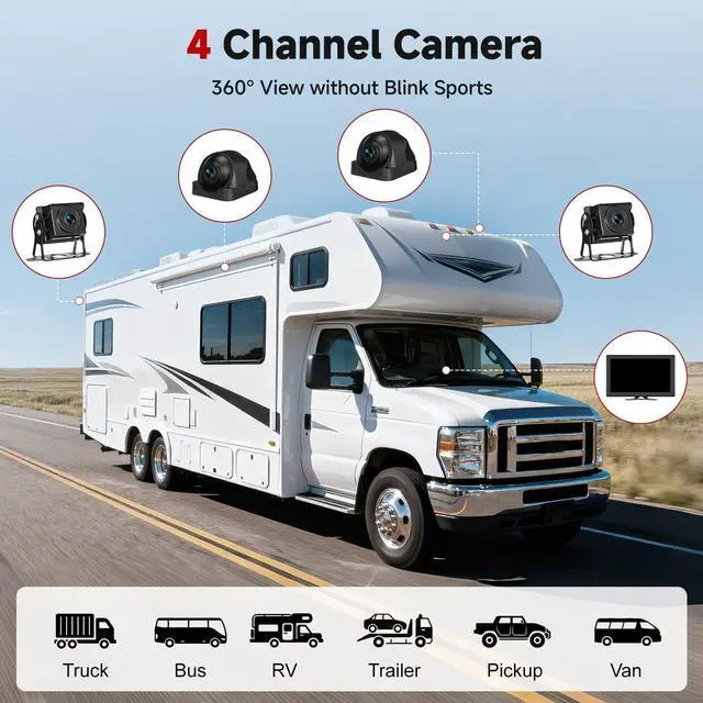 Alt view image 6 of 7 - 10.1 Inch 4K Touch Screen Wired RV Backup Camera System | 1080P IP69 Waterproof Camera, 4CH DVR Loop Recording & Bluetooth. For Semi Truck, Trailer, Camper, Pickup, Bus, RV