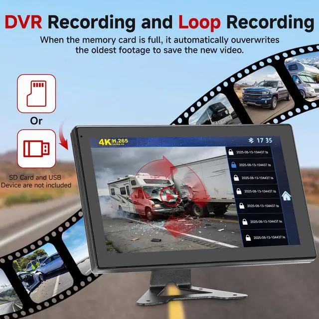 Alt view image 7 of 7 - 10.1 Inch 4K Touch Screen Wired RV Backup Camera System | 1080P IP69 Waterproof Camera, 4CH DVR Loop Recording & Bluetooth. For Semi Truck, Trailer, Camper, Pickup, Bus, RV