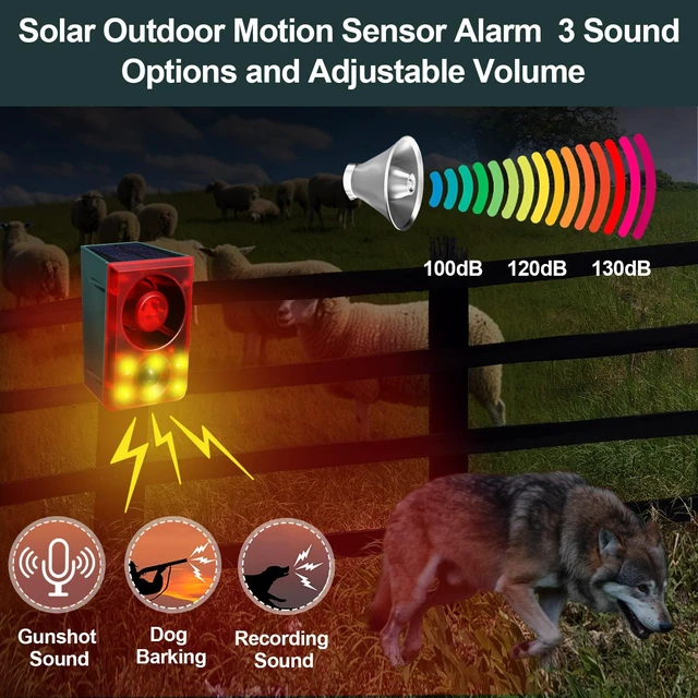 Alt view image 4 of 7 - Solar Outdoor Motion Sensor Alarm Animal Deterrent Gunshot Sound Dog Barking Alarm 130dB Loud Noise Maker 3 Modes with USB Remote Control Support Recording and Volume Adjustment(4 Pcs,Red)