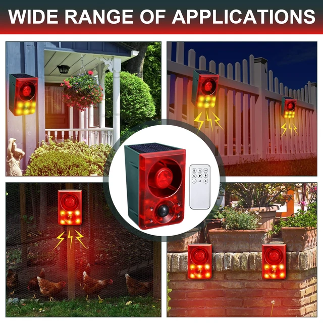 Alt view image 3 of 7 - Solar Outdoor Motion Sensor Alarm Animal Deterrent Gunshot Sound Dog Barking Alarm 130dB Loud Noise Maker 3 Modes with USB Remote Control Support Recording and Volume Adjustment(2 Pcs,Red)