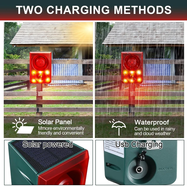 Alt view image 6 of 7 - Solar Outdoor Motion Sensor Alarm Animal Deterrent Gunshot Sound Dog Barking Alarm 130dB Loud Noise Maker 3 Modes with USB Remote Control Support Recording and Volume Adjustment(2 Pcs,Red)