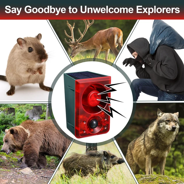 Alt view image 7 of 7 - Solar Outdoor Motion Sensor Alarm Animal Deterrent Gunshot Sound Dog Barking Alarm 130dB Loud Noise Maker 3 Modes with USB Remote Control Support Recording and Volume Adjustment(2 Pcs,Red)