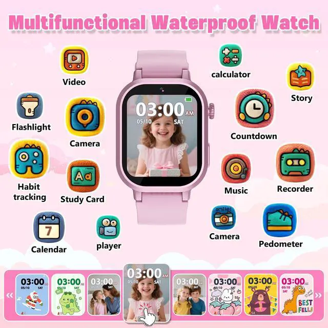 Alt view image 2 of 7 - Kids Waterproof Smart Watch Girls Gift Age 3-12 with 39 Game HD Touch Screen Music Player Video Camera Pedometer Alarm Clock Birthday Gift for 6 7 8 9 Year Olds Pink