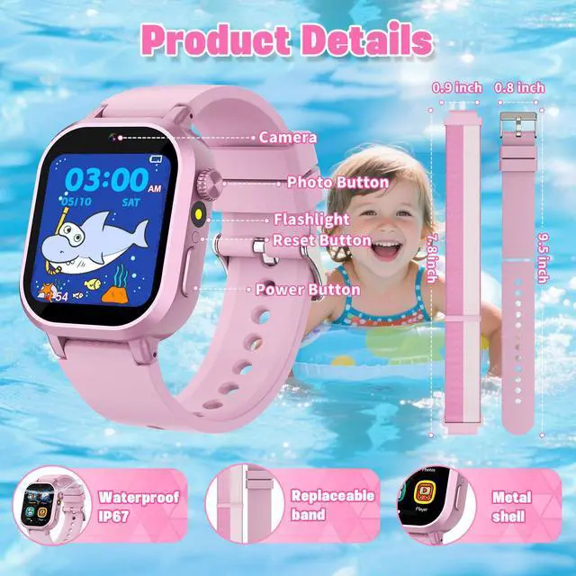 Alt view image 7 of 7 - Kids Waterproof Smart Watch Girls Gift Age 3-12 with 39 Game HD Touch Screen Music Player Video Camera Pedometer Alarm Clock Birthday Gift for 6 7 8 9 Year Olds Pink