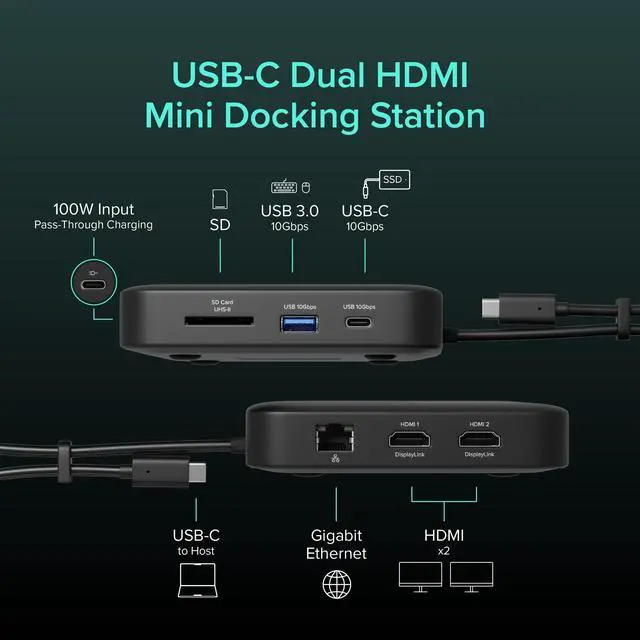 Alt view image 2 of 7 - 7-in-1 USB-C DisplayLink Dock Dual 4K 60Hz HDMI, USB-C & USB-A (10Gbps), SD Card, Gigabit Ethernet, 100W PD Charging Compatible with macOS & Windows, MacBook Dual Monitor Support