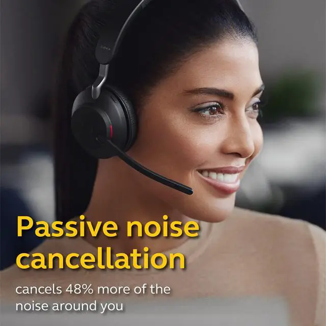 Alt view image 2 of 7 - Evolve2 65 MS Wireless Headphones with Link380a, Stereo, Black Wireless Bluetooth Headset for Calls and Music, 37 Hours of Battery Life, Passive Noise Cancelling Headphones