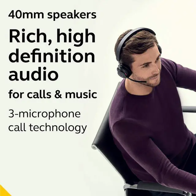 Alt view image 3 of 7 - Evolve2 65 MS Wireless Headphones with Link380a, Stereo, Black Wireless Bluetooth Headset for Calls and Music, 37 Hours of Battery Life, Passive Noise Cancelling Headphones