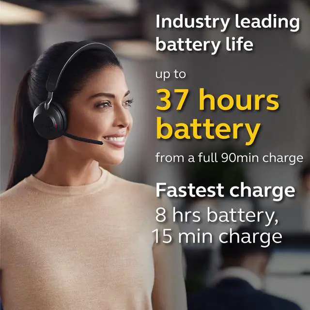 Alt view image 4 of 7 - Evolve2 65 MS Wireless Headphones with Link380a, Stereo, Black Wireless Bluetooth Headset for Calls and Music, 37 Hours of Battery Life, Passive Noise Cancelling Headphones