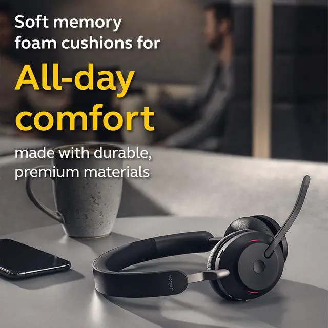 Alt view image 5 of 7 - Evolve2 65 MS Wireless Headphones with Link380a, Stereo, Black Wireless Bluetooth Headset for Calls and Music, 37 Hours of Battery Life, Passive Noise Cancelling Headphones