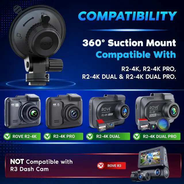 Alt view image 3 of 7 - Suction Cup Mount for R2-4K, R2-4K PRO and R2-4K Dual Dash Camera Models | OEM 360° windshield suction cup mount, tool-free install, secure hold, easy removal, fits R2 Series dash cameras
