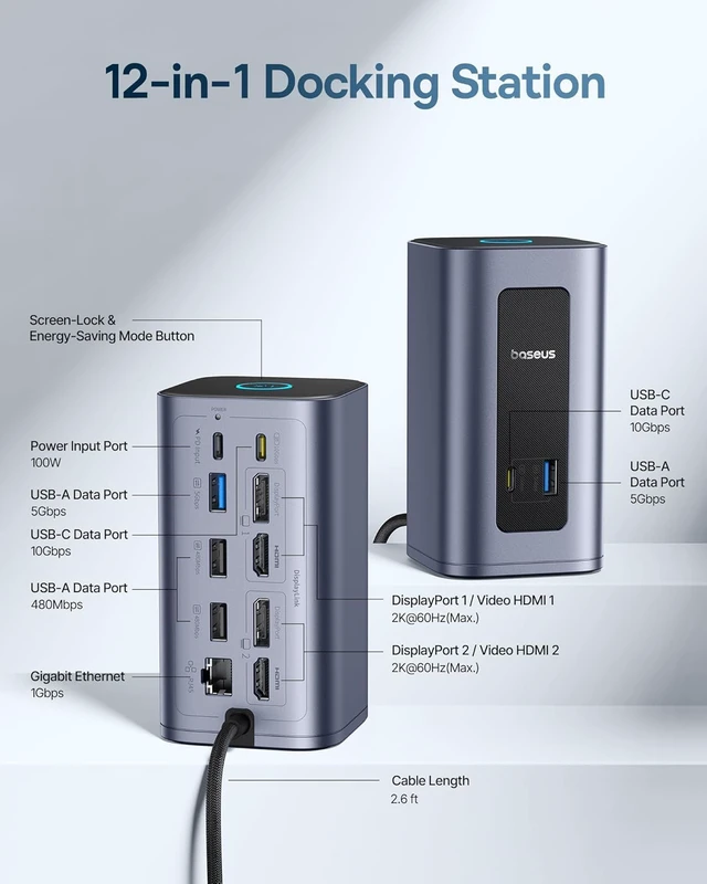 Alt view image 4 of 7 - Nomos Air Mac 12 in 1 Docking Station, Dual Monitor Laptop Docking Station with 2K HDMI/DP, 10Gbps USB-C/A, 100W PD, USB C Docking Station Compatible for macOS, Displaylink Driver Required