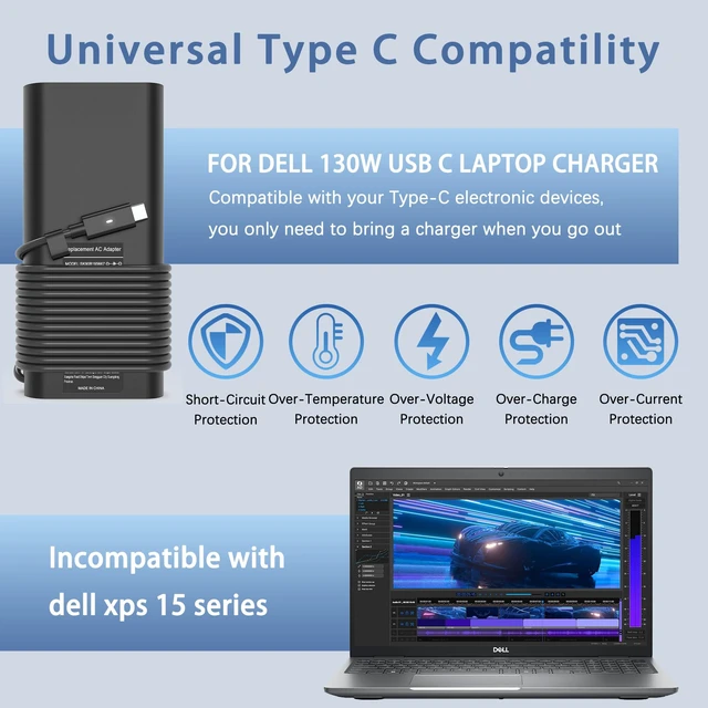 Alt view image 5 of 7 - 130W USB C Laptop Charger Compatible with Dell Xps 17,Precision 5550 5530 2in1,XPS 15 2in1 9575Latitude 7410 7310 7210 9410 9510 5420 5520 5510 Power Supply Cord