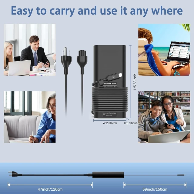 Alt view image 7 of 7 - 130W USB C Laptop Charger Compatible with Dell Xps 17,Precision 5550 5530 2in1,XPS 15 2in1 9575Latitude 7410 7310 7210 9410 9510 5420 5520 5510 Power Supply Cord