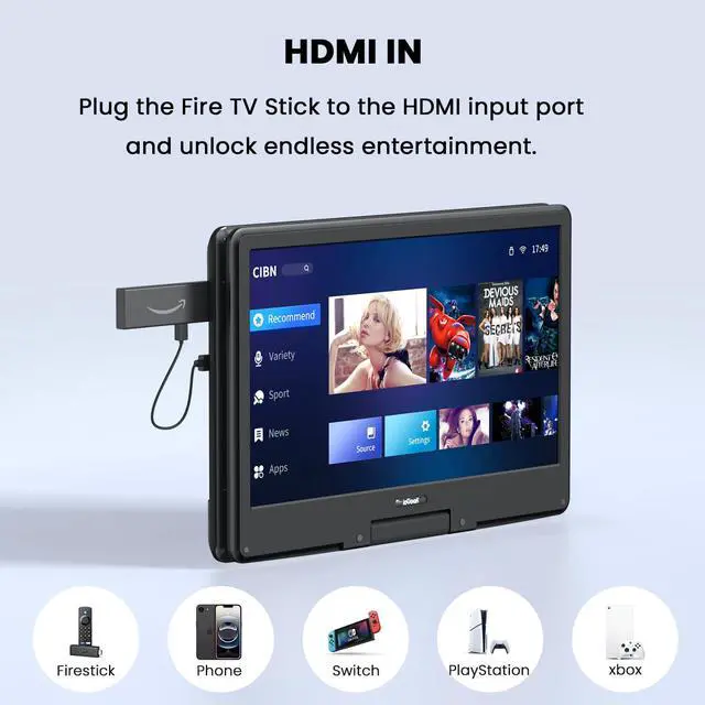 Alt view image 3 of 7 - 15.9" Portable DVD Player, 14.1" Large Screen, HDMI Input, Black | Home Entertainment, Kids & Seniors, 6-Hour Battery, TV Stick & Gaming Support, USB/SD Playback, Region Free, Resume Playback