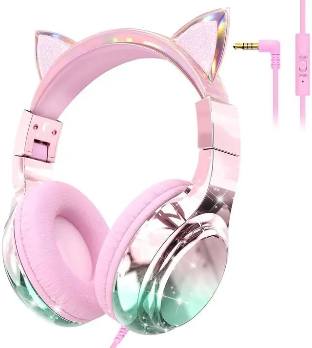 Main image of Kids Cat Ear Headphones with Cord with Mic, 85/94dB Volume Limit | sparkly foldable headset, sharing port, tangle-free cord, Kids Wired Headphones for school, tablet, travel, boys and girls
