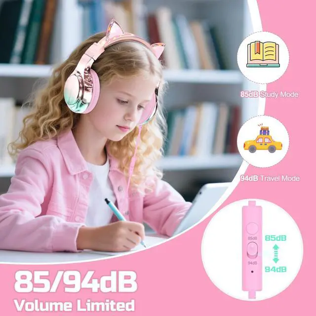 Alt view image 3 of 7 - Kids Cat Ear Headphones with Cord with Mic, 85/94dB Volume Limit | sparkly foldable headset, sharing port, tangle-free cord, Kids Wired Headphones for school, tablet, travel, boys and girls
