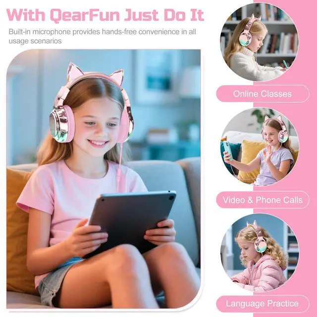 Alt view image 4 of 7 - Kids Cat Ear Headphones with Cord with Mic, 85/94dB Volume Limit | sparkly foldable headset, sharing port, tangle-free cord, Kids Wired Headphones for school, tablet, travel, boys and girls