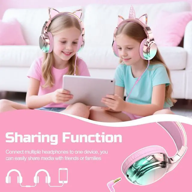Alt view image 6 of 7 - Kids Cat Ear Headphones with Cord with Mic, 85/94dB Volume Limit | sparkly foldable headset, sharing port, tangle-free cord, Kids Wired Headphones for school, tablet, travel, boys and girls