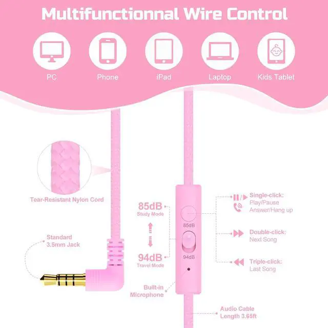 Alt view image 5 of 7 - Kids Cat Ear Headphones with Cord with Mic, 85/94dB Volume Limit | sparkly foldable headset, sharing port, tangle-free cord, Kids Wired Headphones for school, tablet, travel, boys and girls