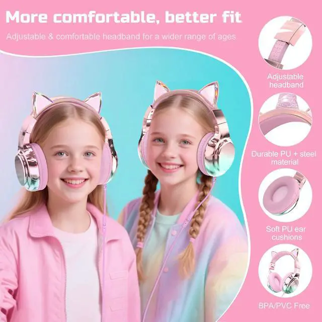 Alt view image 7 of 7 - Kids Cat Ear Headphones with Cord with Mic, 85/94dB Volume Limit | sparkly foldable headset, sharing port, tangle-free cord, Kids Wired Headphones for school, tablet, travel, boys and girls