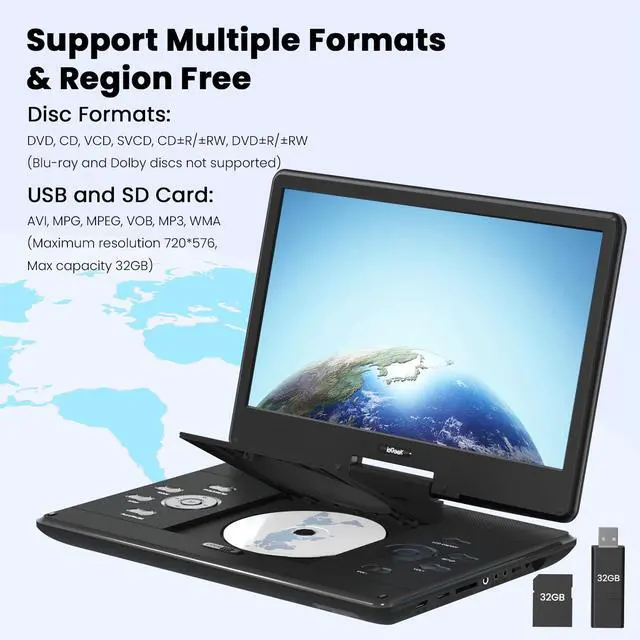 Alt view image 4 of 7 - 15.9" Portable DVD Player, 14.1" Large Screen, HDMI Input, Black | Home Entertainment, Kids & Seniors, 6-Hour Battery, TV Stick & Gaming Support, USB/SD Playback, Region Free, Resume Playback