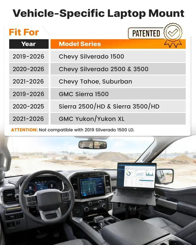 Alt view image 2 of 7 - Truck Laptop Mount Fit for 19-26 Chevy Silverado, Tahoe, GMC Sierra, No-Drilling Vehicle-Specific Laptop Holder with Cooling Fan Adjustable Height for Work on The Go