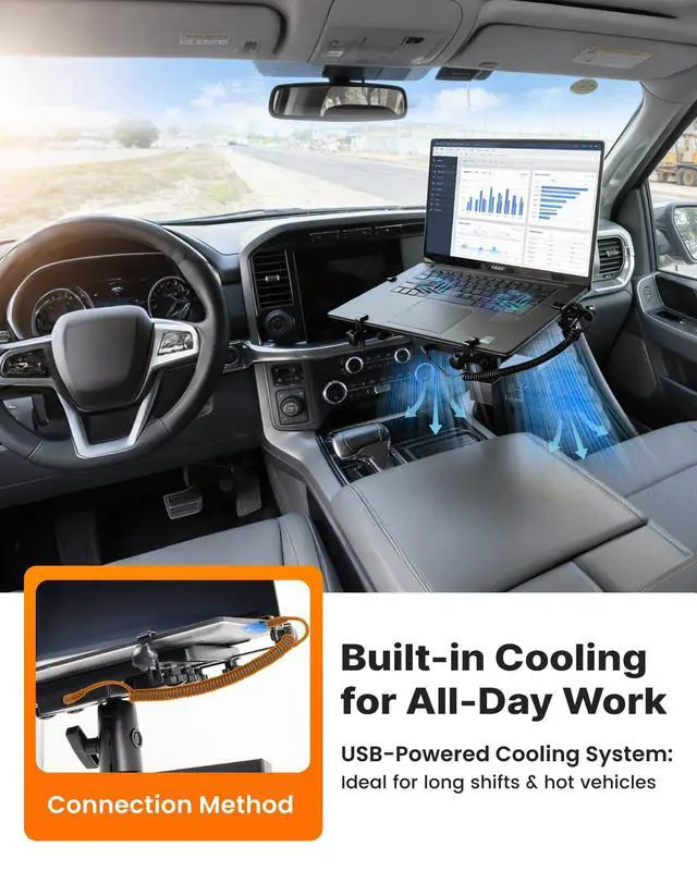 Alt view image 3 of 7 - Truck Laptop Mount Fit for 19-26 Chevy Silverado, Tahoe, GMC Sierra, No-Drilling Vehicle-Specific Laptop Holder with Cooling Fan Adjustable Height for Work on The Go