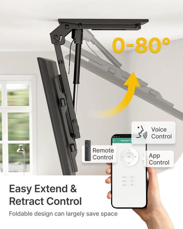 Alt view image 2 of 7 - Motorized Ceiling TV Mount with Remote for 37-75 Inch TVs | Electric TV Mount Motorized Drop Down, for Flat and Pitched Roof, Holds up to 99 lbs, 4X Load Tested, App and Voice Control