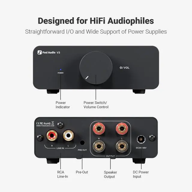 Alt view image 3 of 7 - V3 Stereo Amplifier Home Audio 300 Watts x2 Power TPA3255 Class D Mini Speaker Amp 2 Channel Audio Component for Passive Bookshelf Tower Speakers Desktop Home Theater with 48V Power Supply