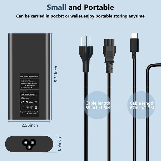 Alt view image 2 of 7 - Slim 90W Laptop Charger USB C Replacement for Dell Latitude 5420 5520 7480 7490 7420 Chromebook 3100 Dell XPS 13 9360 XPS15 9550 9560 DA65NM190 LA65NM190 Type C AC Adapter Power Cord