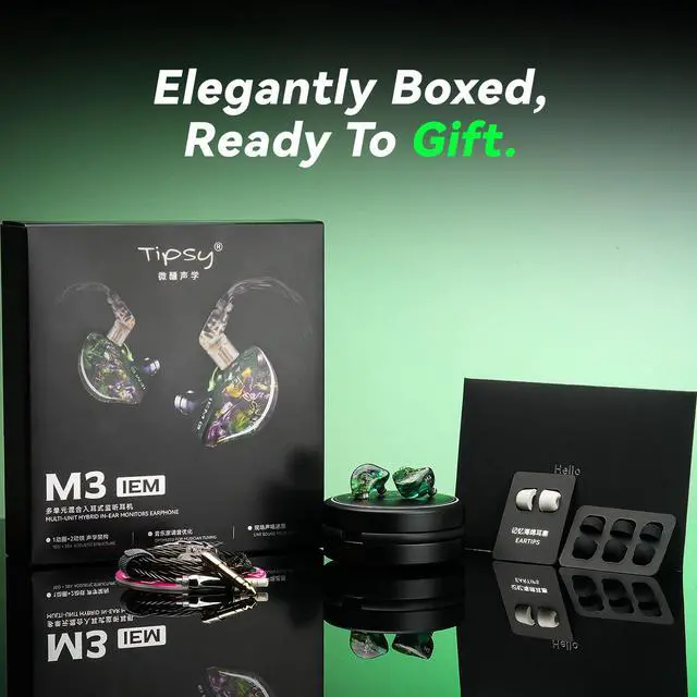 Alt view image 6 of 7 - Tipsy M3 Professional IEM for Musicians, 2BA + 1DD Drivers, 36dB PNC, IPX5, Acoustic-Runway Technology, Skin-Friendly Resin, Detachable 0.78mm 2-pin Cable (No Mic, Green)