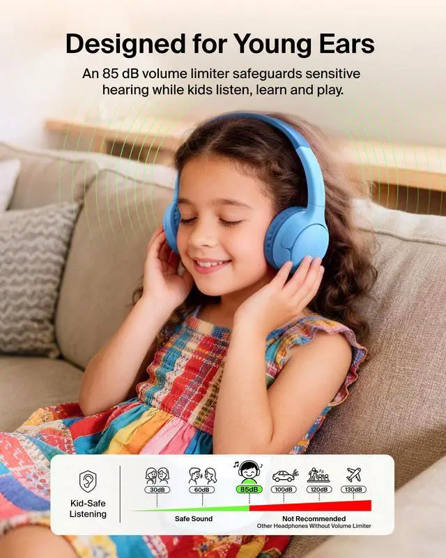 Alt view image 3 of 7 - SoundForm Mini 2 Bluetooth Kids Headphones, On Ear, 55H Battery Life | Toddler headphones with Case, 85dB Volume Limit, Built-in Mic, Wired Connection Option, iPad, Android Tablet, School, Travel