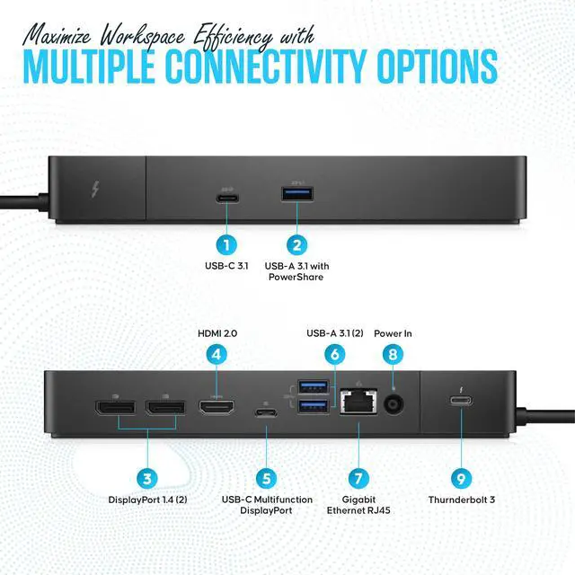 Alt view image 4 of 6 - Dell WD19TBS Thunderbolt Dock, USB-C Docking Station Dual Monitor | 180W Adap ter Included, HDMI & DisplayPort Cables, Triple 4K Display Support, 130W Power Delivery, 40Gbps Transfer Speed