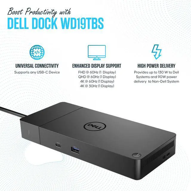 Alt view image 3 of 6 - Dell WD19TBS Thunderbolt Dock, USB-C Docking Station Dual Monitor | 180W Adap ter Included, HDMI & DisplayPort Cables, Triple 4K Display Support, 130W Power Delivery, 40Gbps Transfer Speed